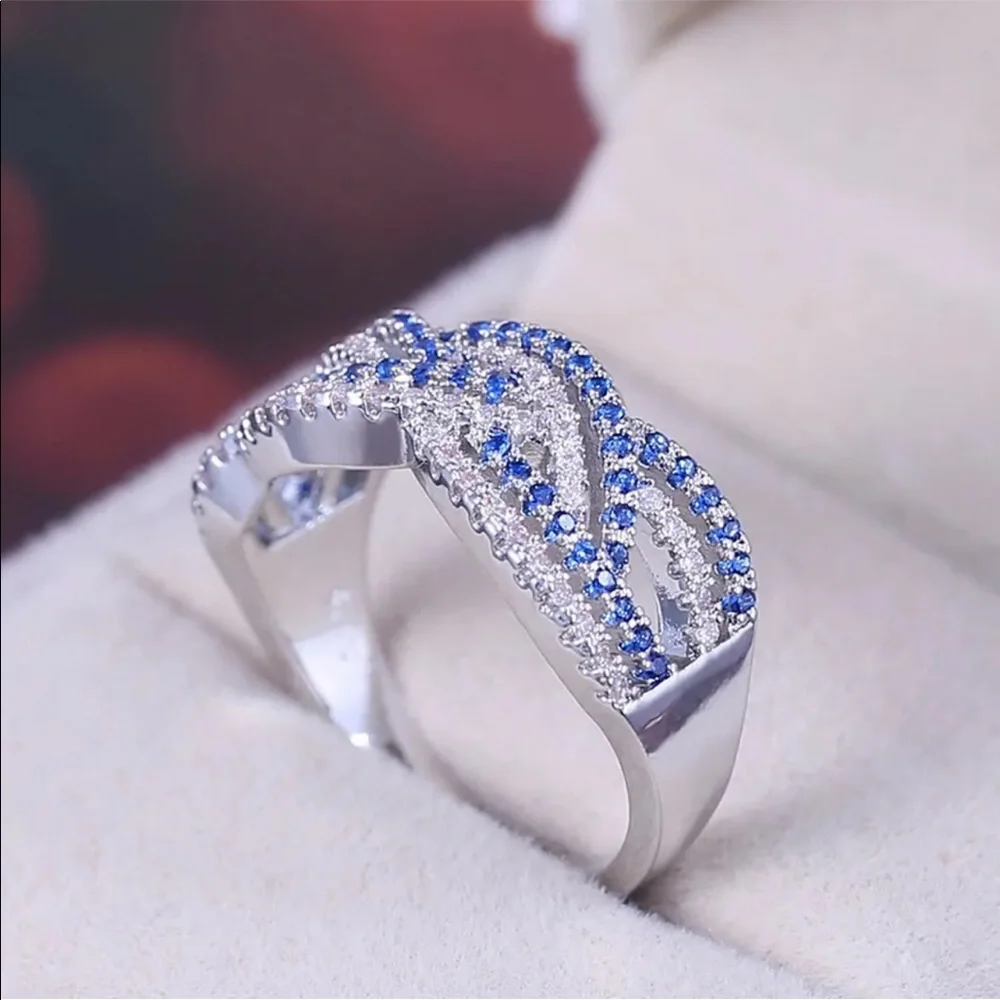 New 925 Silver Multi Layer Women Sapphire Wedding Ring